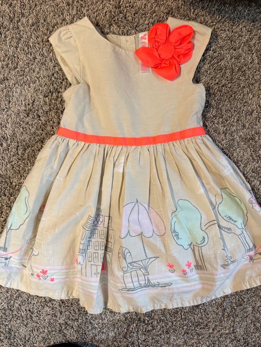 Cherokee Cream Party Dress with Coral Flower and Waist Trim
